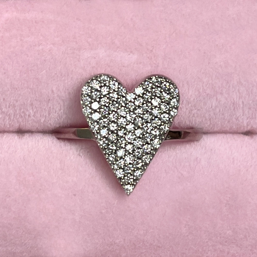 Anello in Oro Bianco a forma di Cuore Grande con Diamanti