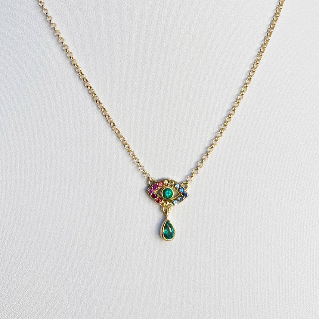 Collana in Oro Giallo con Evil Eye di Smeraldo e Zaffiri e Goccia di Smeraldo